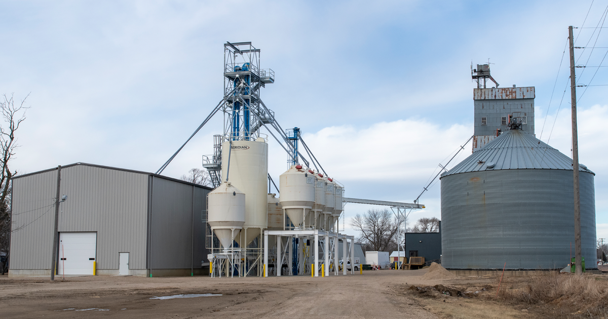 Outside view of a small grain and seed elevator with a large shed on the left.
