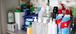 Stock image of bottles of household cleaning items.