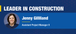 Graphic banner with the heading “Leader in Construction.” A circular headshot shows a smiling woman with shoulder‑length dark hair wearing a dark top. Text on the banner reads: “Jenny Gilliland – Assistant Project Manager II.”