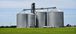 View of 4 grain bins in a grain elevator in an open area with green grass