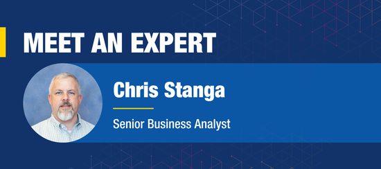 Graphic banner with a circular headshot on the left and white text on a blue background reading “MEET AN EXPERT,” “Chris Stanga,” and “Senior Business Analyst.”