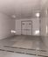 Unfinished interior of a modular electrical building with white paneled walls, floor openings for equipment installation, and double doors at the far end.