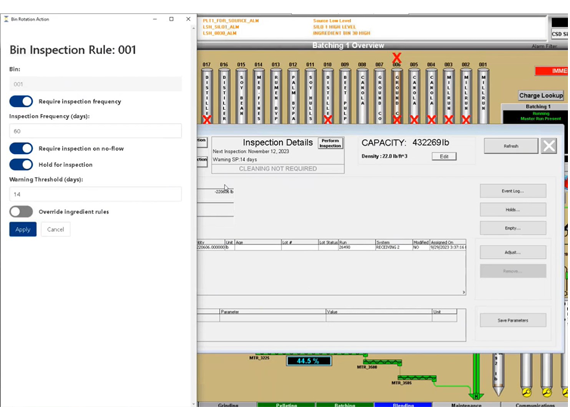 Screenshot of a bin inspection interface in an industrial control system.
