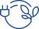 A blue outline image of an electrical plug connected to a circular line that forms part of a plant with two leaves, symbolizing clean energy or eco-friendly electrical power.