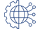 A blue outlined icon showing a globe in the center, split in half vertically. The left half is encircled by a gear, representing industry or mechanical systems, while the right half is connected to a series of circuit lines, symbolizing digital technology.