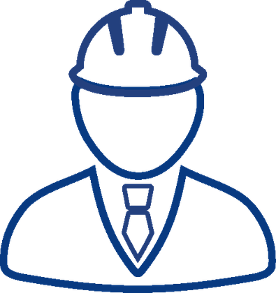A simple blue line icon of a person shown from the shoulders up, wearing a hard hat and a necktie. The graphic represents an electrical engineering professional or construction engineer role.