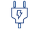 Blue outlined icon of an electrical plug with a lightning bolt symbol in the center, representing electrical hardware or power connection, on a white background.