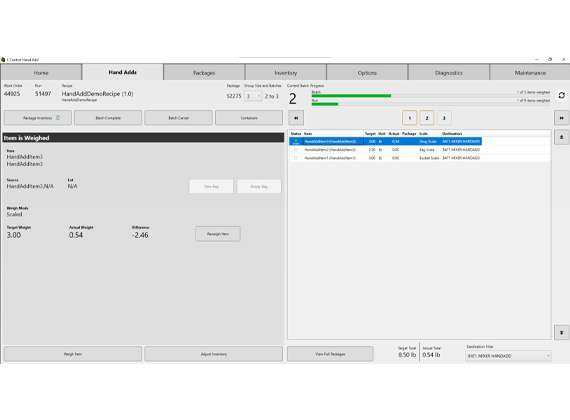 Screenshot of a Hand Adds interface in industrial control software. The screen shows a recipe step in progress, with an item being weighed.