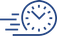 Blue outlined icon of a clock with horizontal lines on the left side, implying that time is moving.