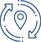 Blue outline icon showing a location pin inside two circular arrows, representing continuous movement, navigation, or location updates.