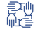 A blue icon showing four stylized hands interlocked at the wrists to form a square, symbolizing teamwork, unity, and collaboration.