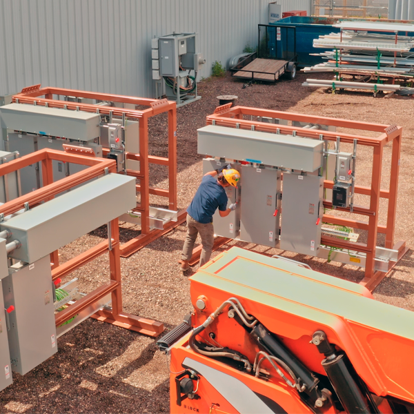 A worker in a hard hat and safety gear performs adjustments on a prefabricated electrical control structure outdoors, surrounded by multiple units and equipment.