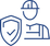 Blue line icons of a hard hat, safety shield with checkmark, and construction helmet on a white background.