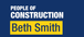 Intro slide with words "People of Construction" with the title underneath "Beth Smith", placed on a blue background with a helmet logo in the corner of the image